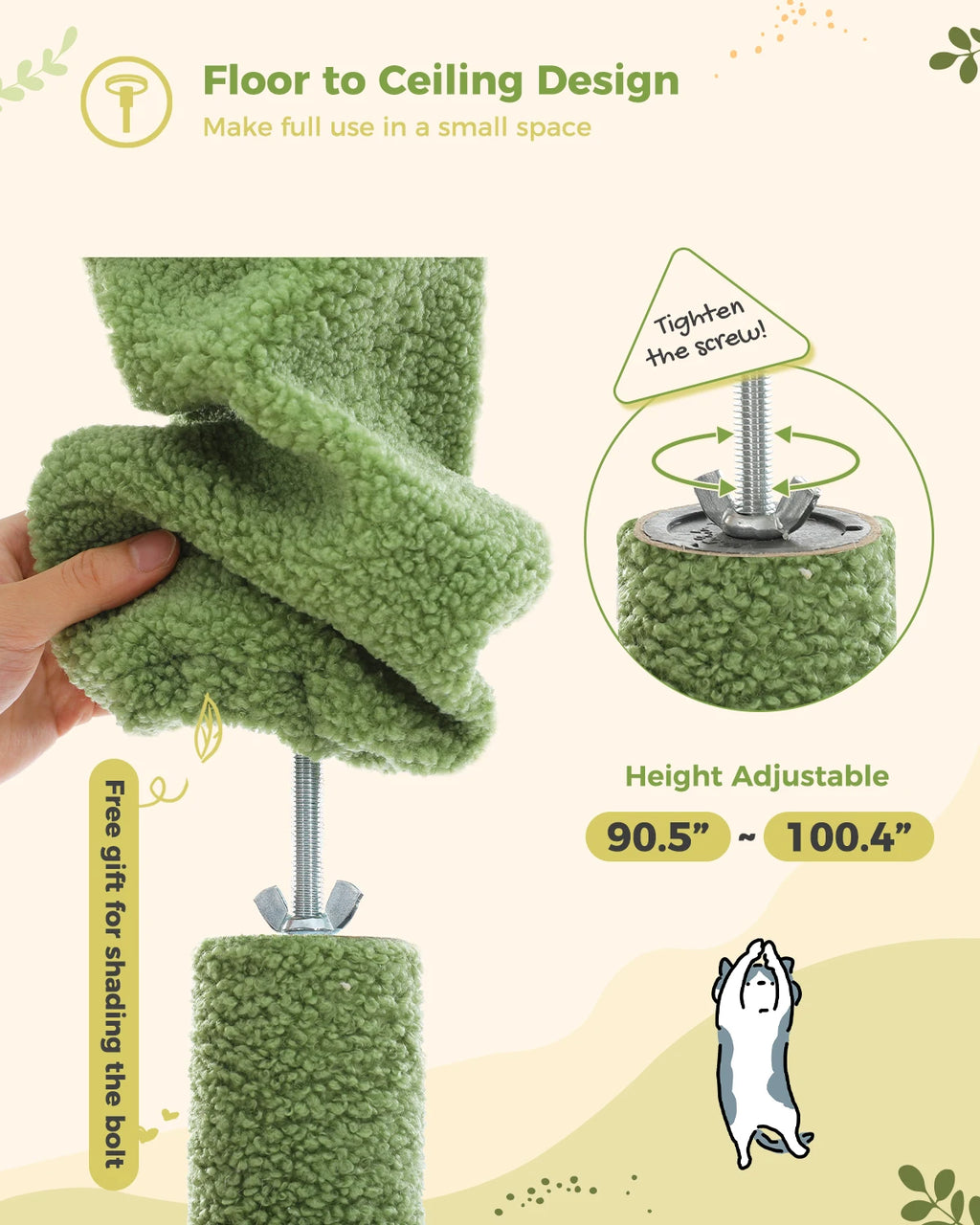 Cactus Cat Tree Floor to Ceiling Cat Tower Adjustable Height with Cat Condo Cozy Hammock and Scratching Post Tall Activity Tree Whispering Desires Shoppe