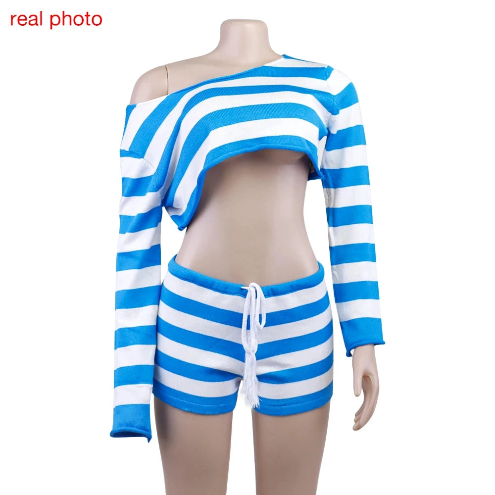 Women's Striped Off-Shoulder Top and Shorts Set