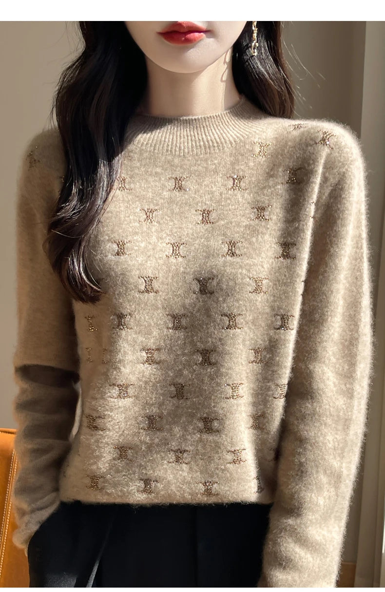 Women Fine Wool Thickening Sweater Half-high Collar Leaf studded With Diamonds Pullover Female Knitted Basis Tops Autumn Winter Dsers