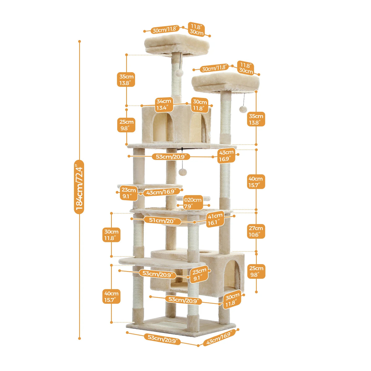 184cm Cat Tree with Hammock, Condo & Scratching Posts
