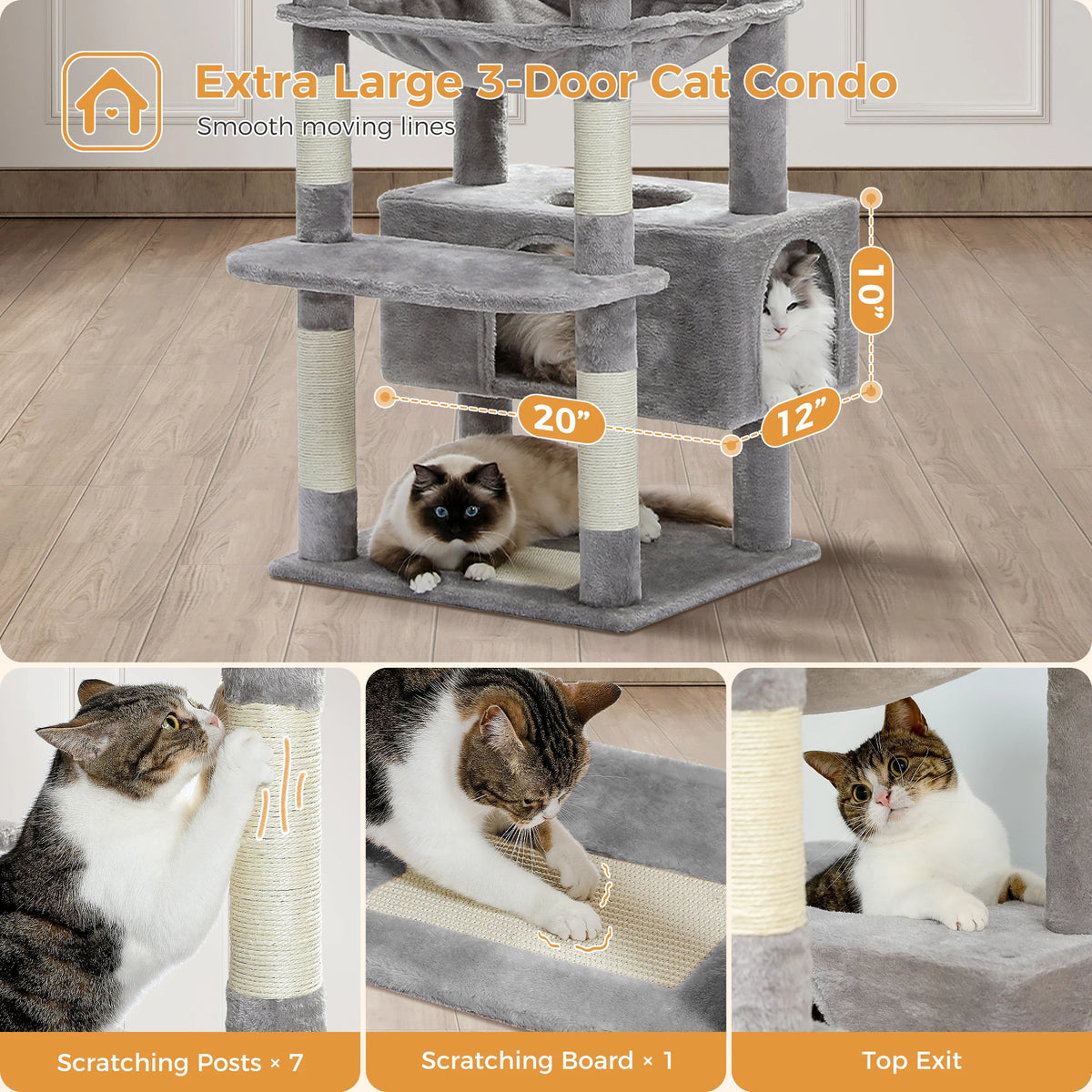 184cm Cat Tree with Hammock, Condo & Scratching Posts
