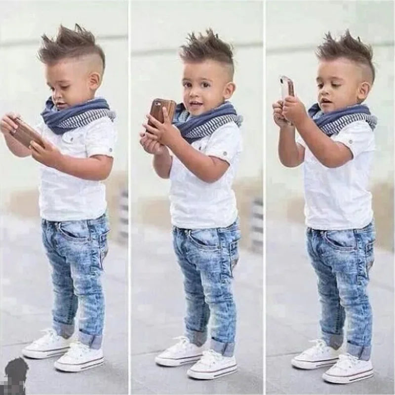 2-7 Years Kids Clothes Boys Outfit Summer Children's Clothing Boy Sets Cotton Short Sleeve O-Neck Tops+Jeans+Scarf Baby Costume Whispering Desires Shoppe