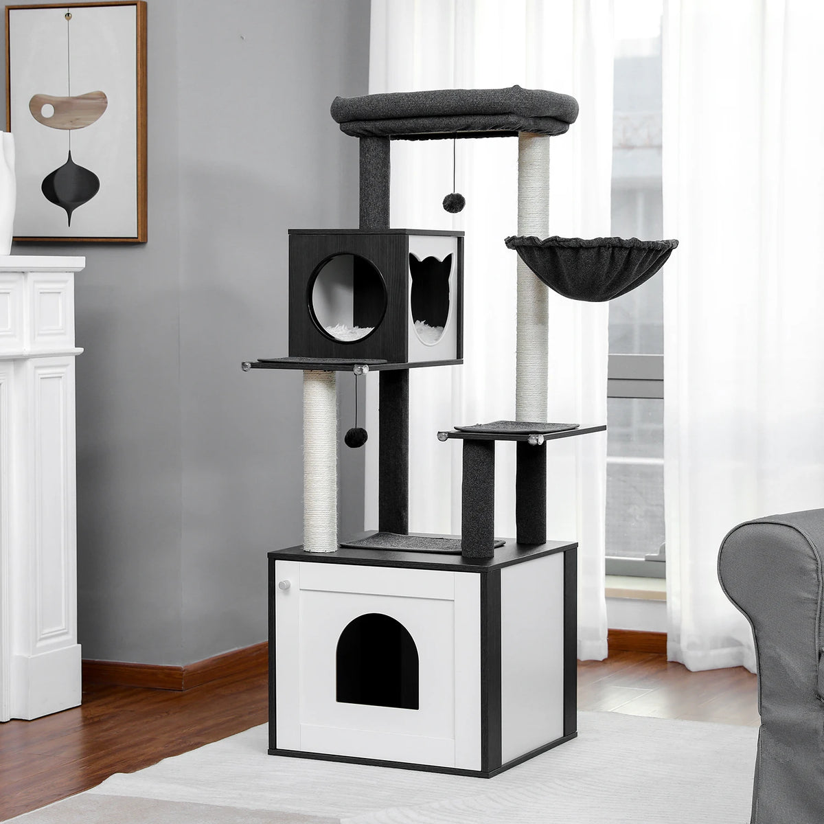 Multi-Level Wooden Cat Tree with Condo & Hammock