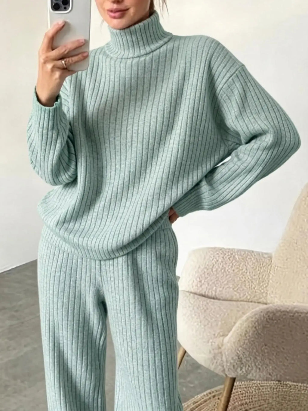 Women's Turtleneck Top and Wide-Leg Pants Set