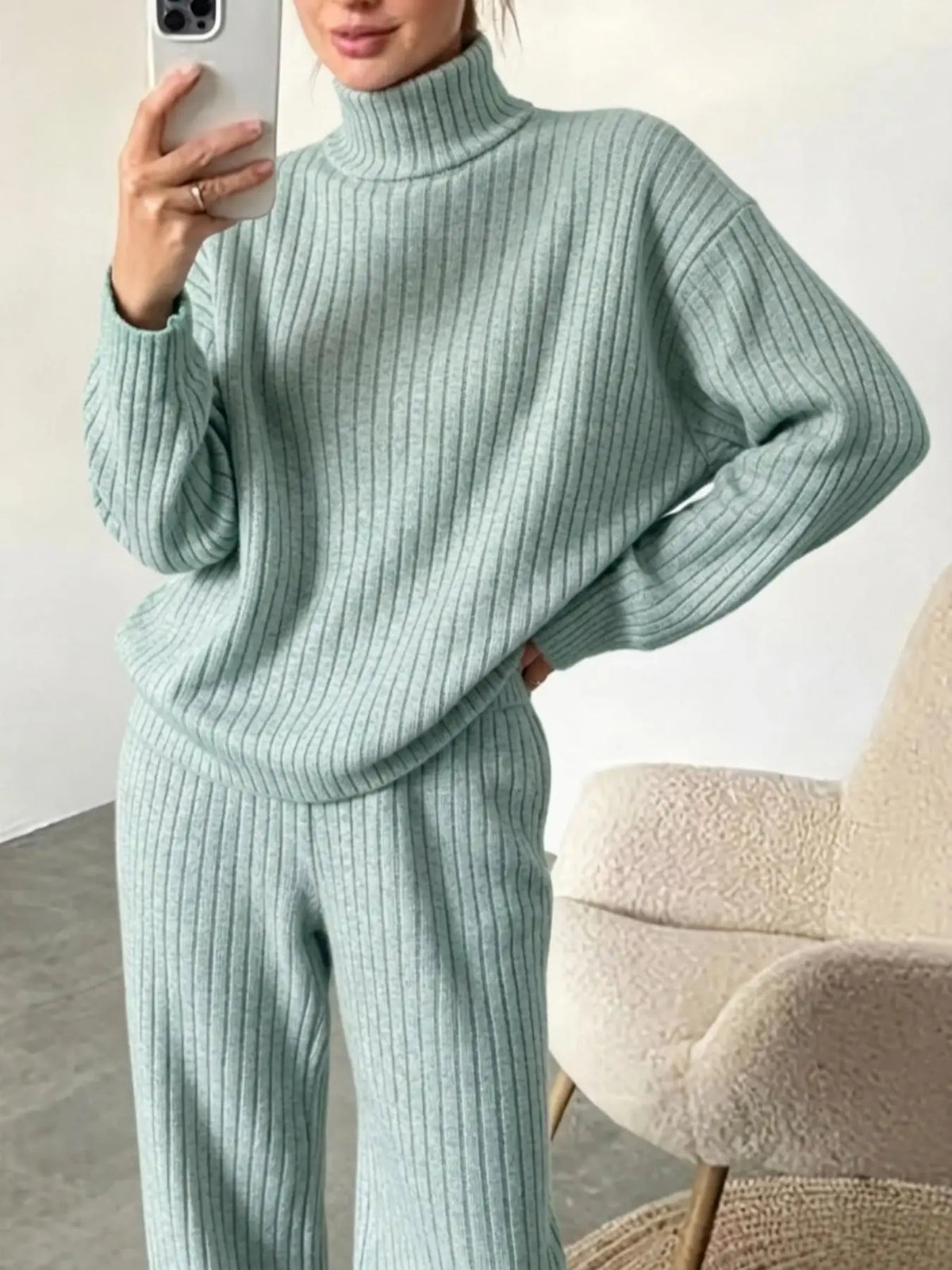 Women's Turtleneck Top and Wide-Leg Pants Set