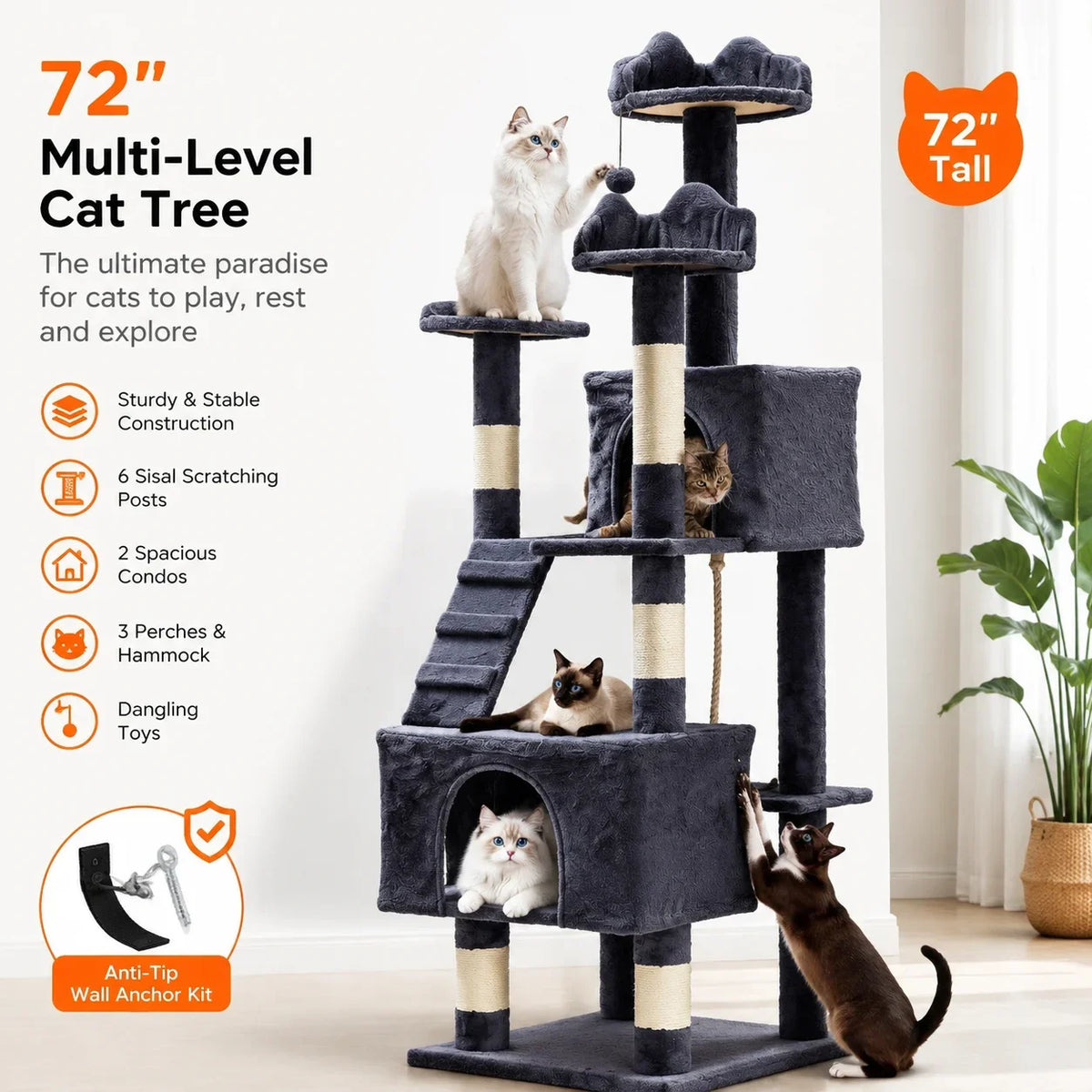 72" Cat Tree with Hammock, Perches & Scratching Posts