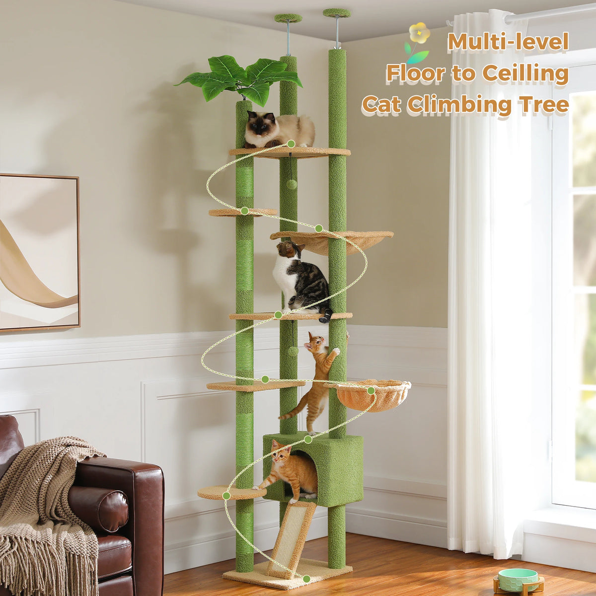 Cactus Cat Tree Floor to Ceiling Cat Tower Adjustable Height with Cat Condo Cozy Hammock and Scratching Post Tall Activity Tree Whispering Desires Shoppe