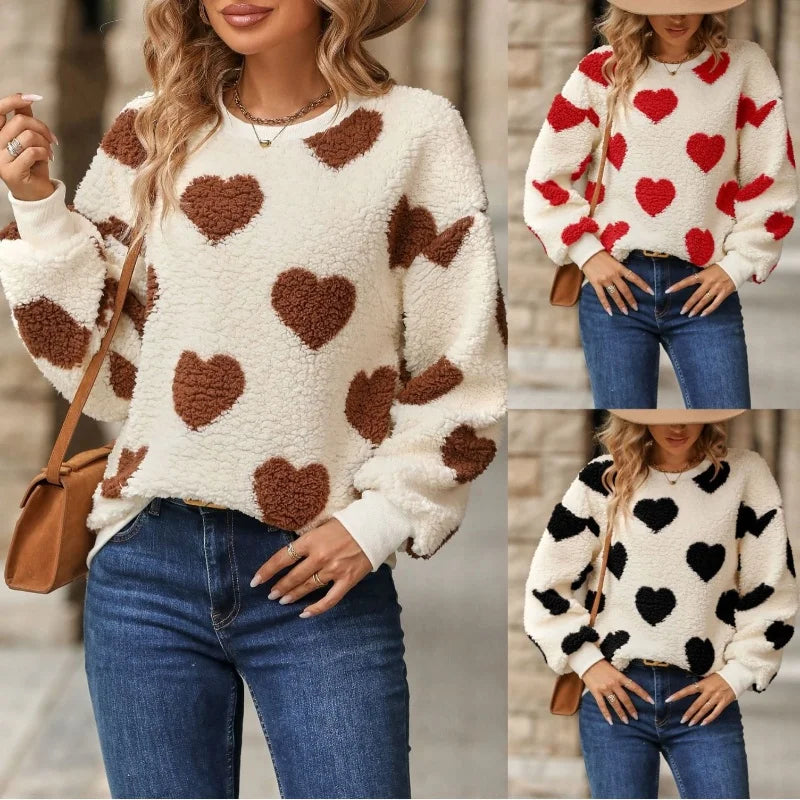 Heart-Print Round-Neck Knit Sweater
