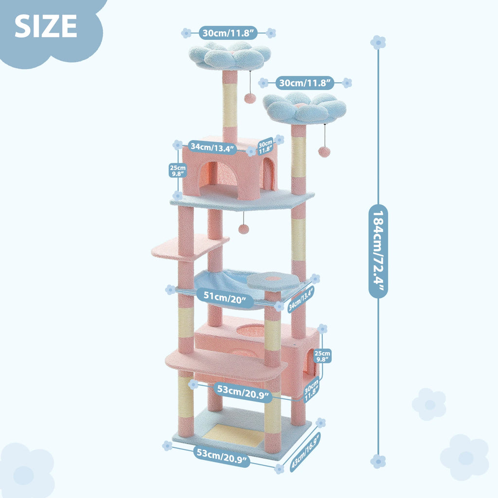 184cm Blue Cat Tree with Hammock & Condos