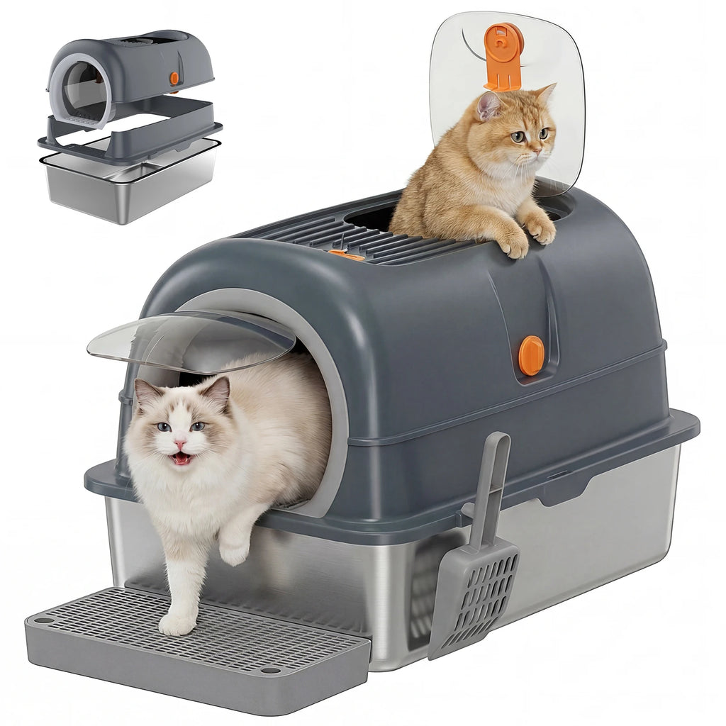JHK 24IN Stainless Steel Cat Litter Box with Fully Enclosed 30L Large Cat Litter Box for Big Cats Cat Box Scoop and Mat Included Whispering Desires Shoppe