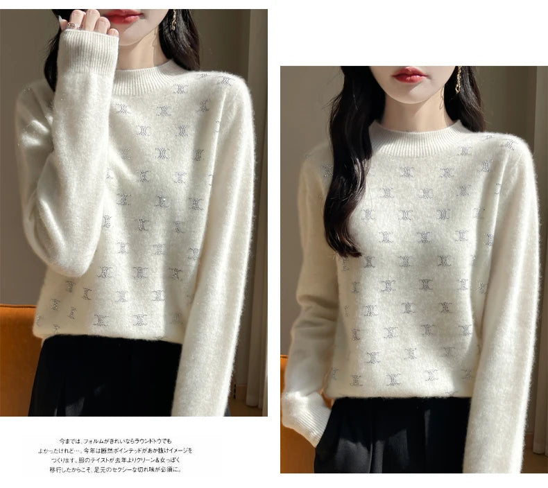 Women Fine Wool Thickening Sweater Half-high Collar Leaf studded With Diamonds Pullover Female Knitted Basis Tops Autumn Winter Dsers