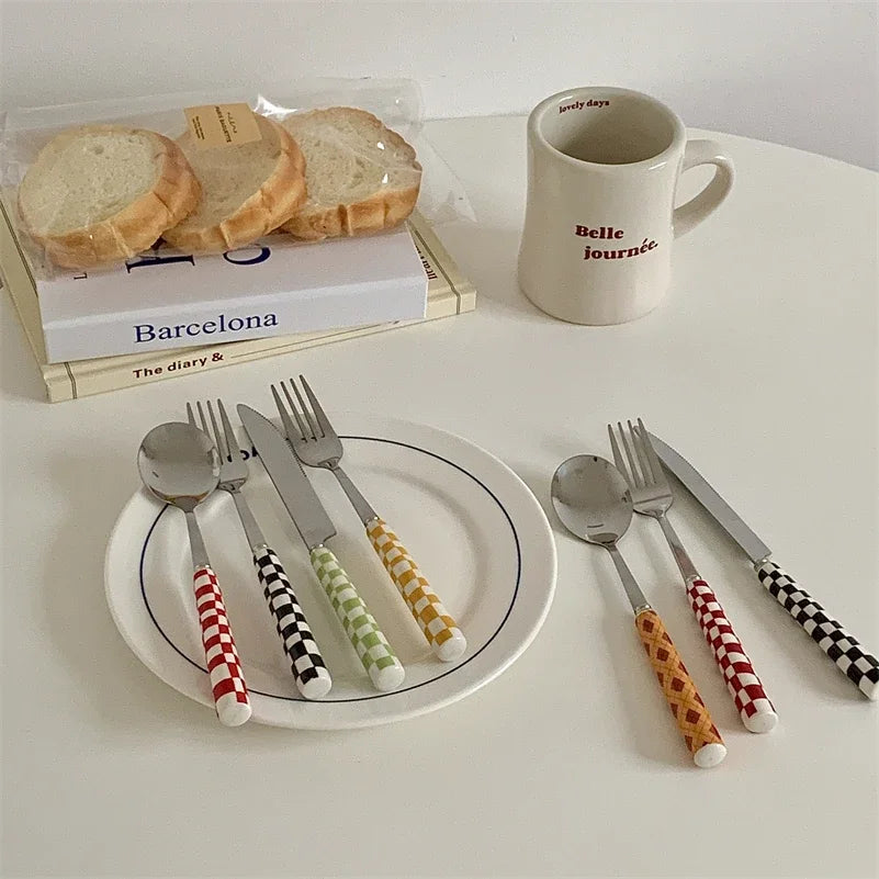 Checkerboard Ceramic-Handle Flatware — 3 Pieces