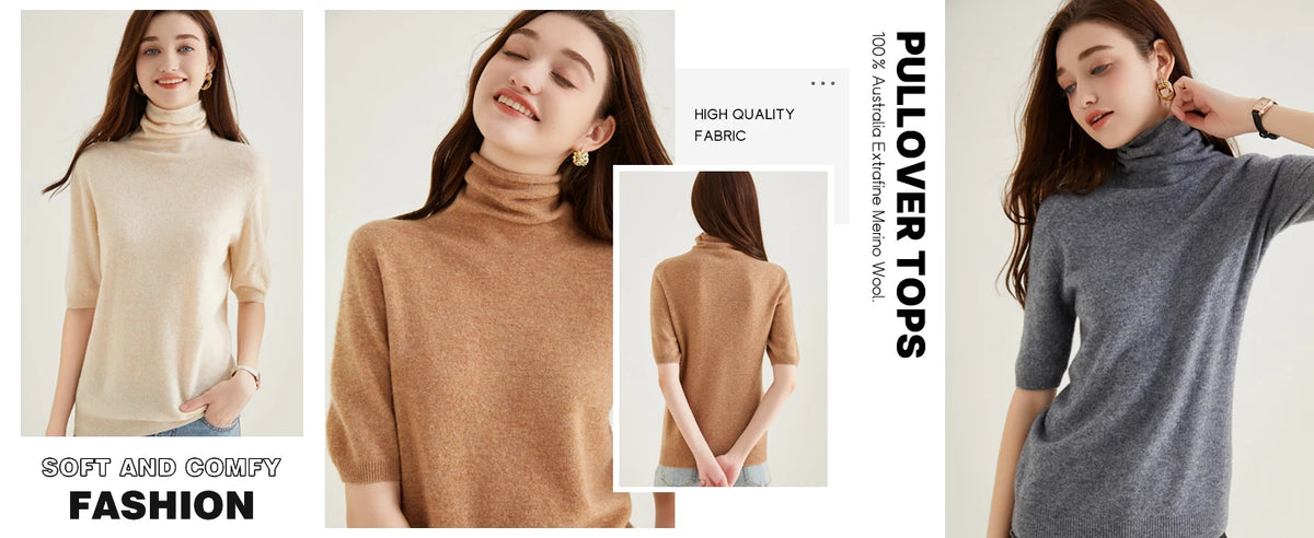 Women's Knit Tops Short Sleeve Fashion Women Sweaters New 100% Merino Wool Knitwears Vintage Sweater Turtleneck Pullover Clothes Whispering Desires Shoppe