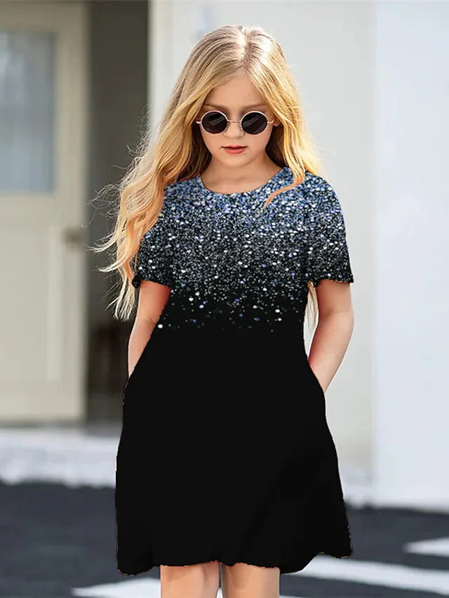 Girls' Short-Sleeve Knee-Length Dress with Pockets