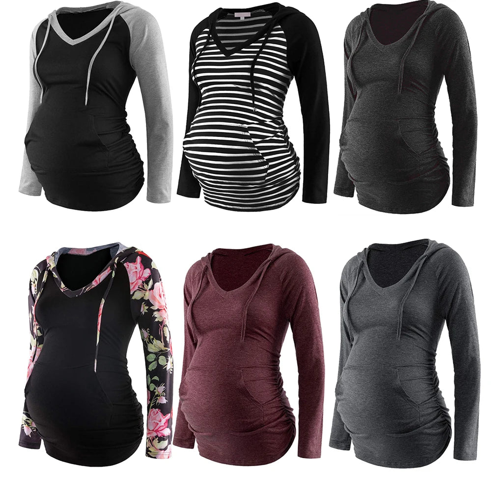Striped V-Neck Maternity Hoodie