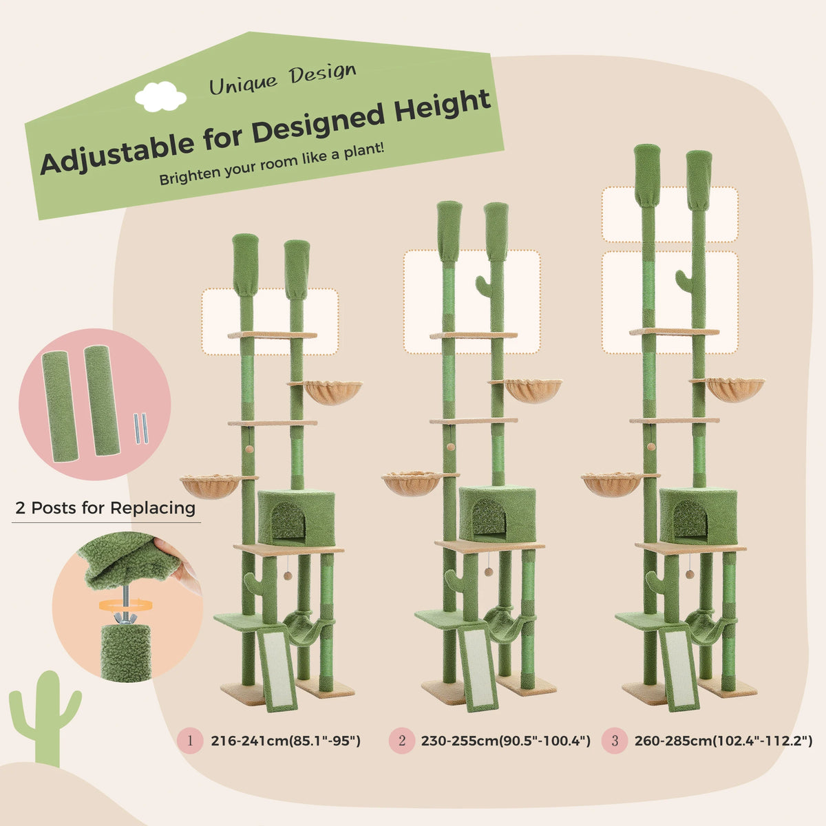 Cactus Cat Tree Floor to Ceiling Cat Tower with Sisal Scratching Post,Comfortable Hammock for Multi-Cat Homes,Cat Accessories Whispering Desires Shoppe