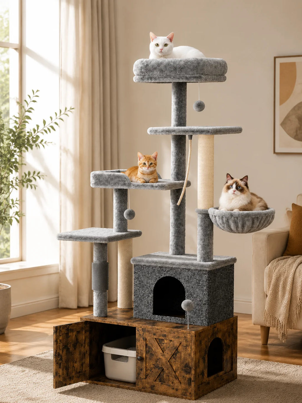 Three-in-One Cat Tree with Litter Box Cabinet