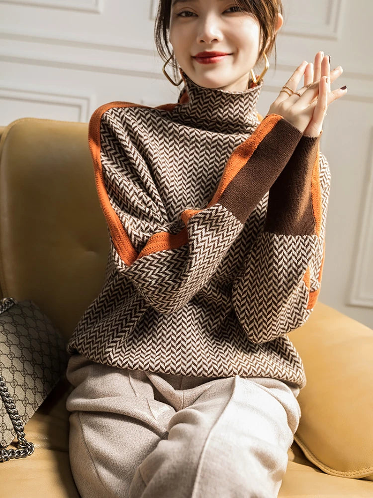 Women's Contrast-Color High-Neck Sweater