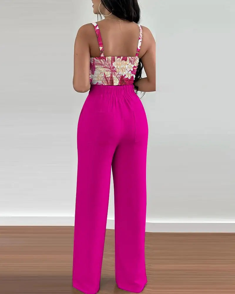 Women's Printed V-Neck Halter Top and Wide-Leg Pants Set