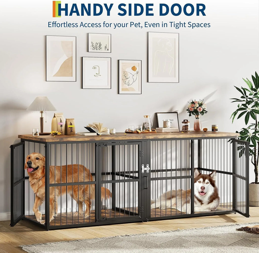 87 Inch Extra Large Double Dog Crate Furniture with Divider 3 Doors Heavy Duty Wooden Indoor Dog Kennel Cabinet TV Stand for 2 Dogs Lockable Pet House with Storage Table Whispering Desires Shoppe