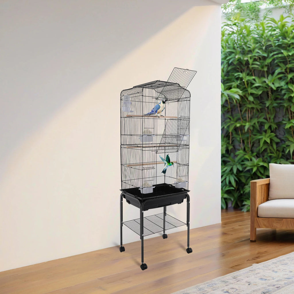 Bird Cage with Rolling Stand & Feeding Bowls