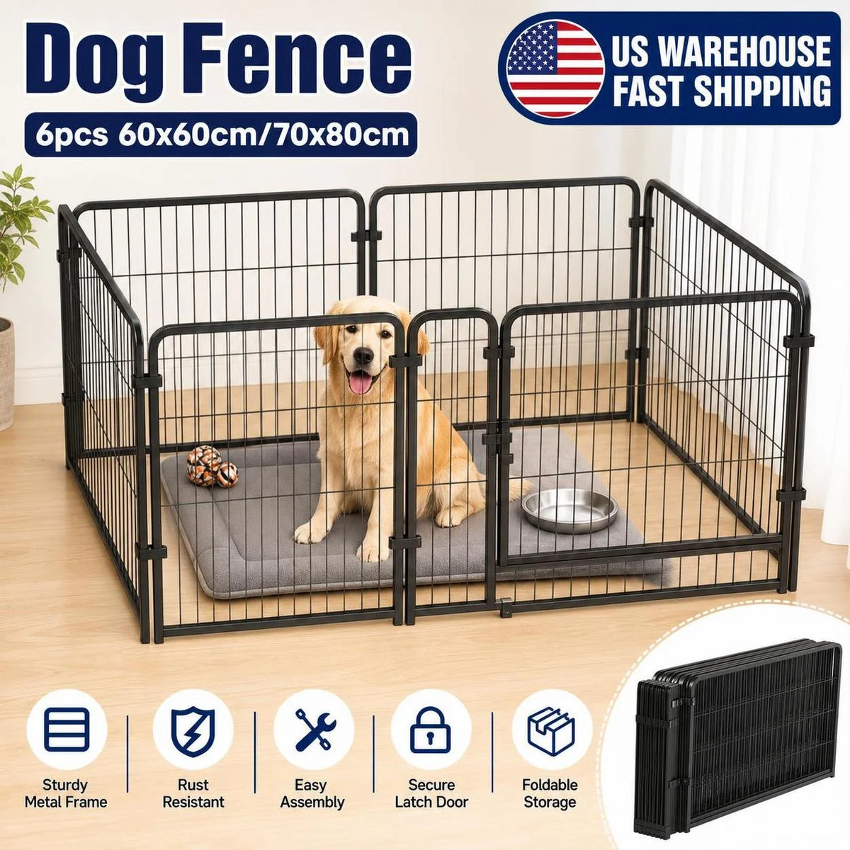 60x60cm/70x80cm 6 Panels Dog Fence Playpen Foldable Puppy Exercise Kennel Teddy Animal Escape Barrier Heavy Duty Cage for Dog Cat Rabbit Pet Whispering Desires Shoppe