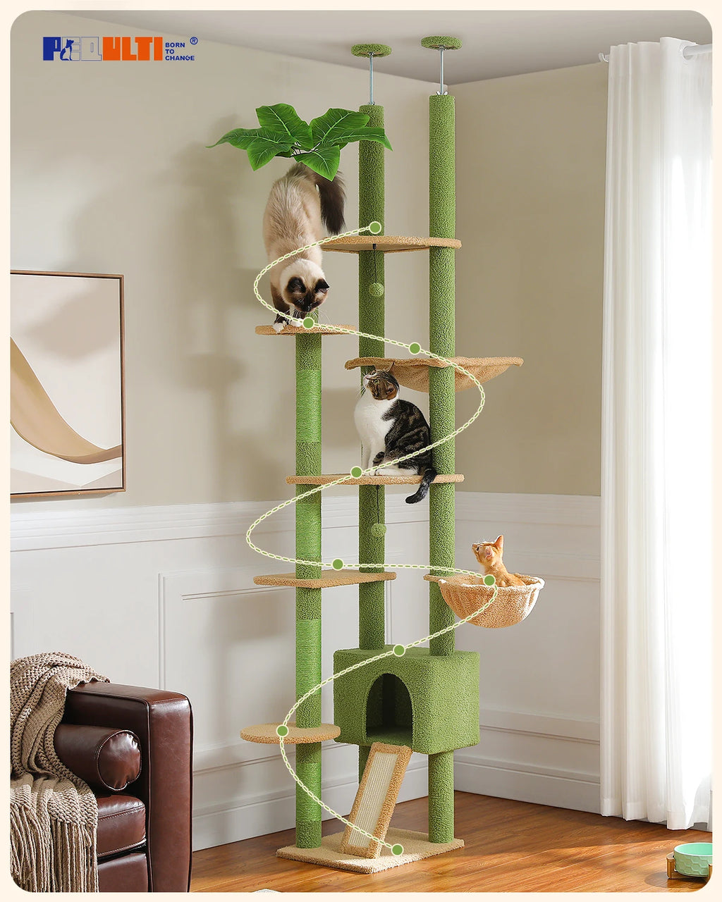 Cactus Cat Tree Floor to Ceiling Cat Tower Adjustable Height with Cat Condo Cozy Hammock and Scratching Post Tall Activity Tree Whispering Desires Shoppe