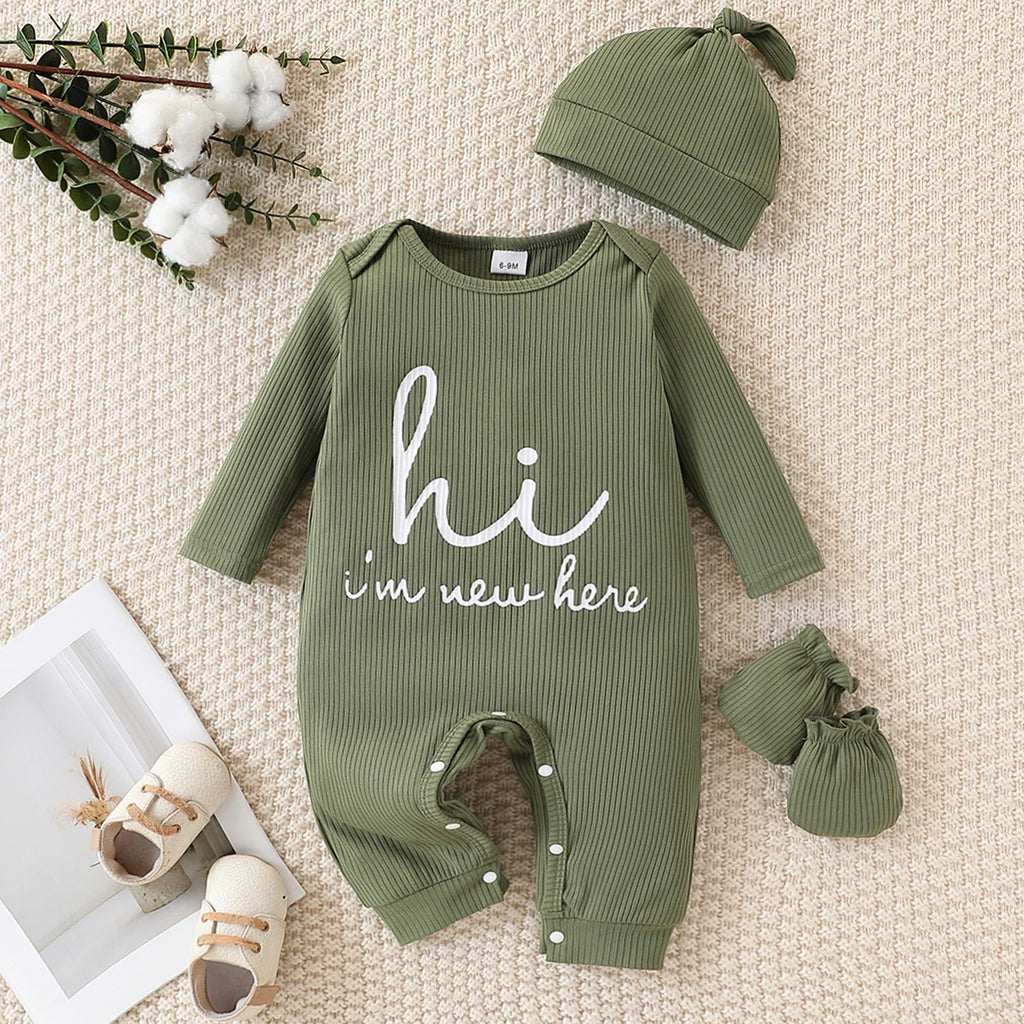 Baby Letter-Print Romper with Hat and Sock Covers
