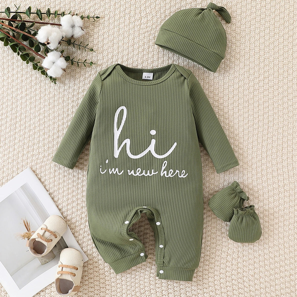 Baby Letter-Print Romper with Hat and Sock Covers