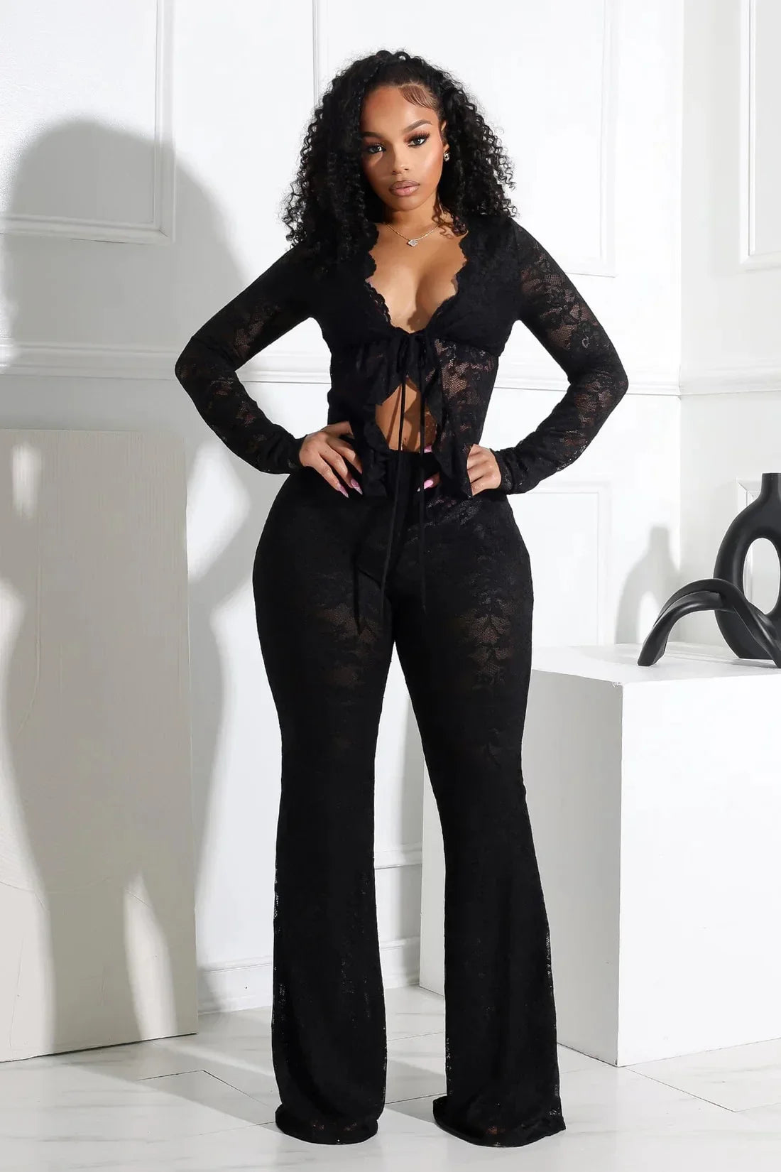 Sheer Lace Long-Sleeve Top & Flared Pants Set