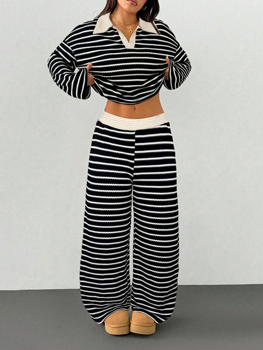 Women's Striped V-Neck Top and Pants Set