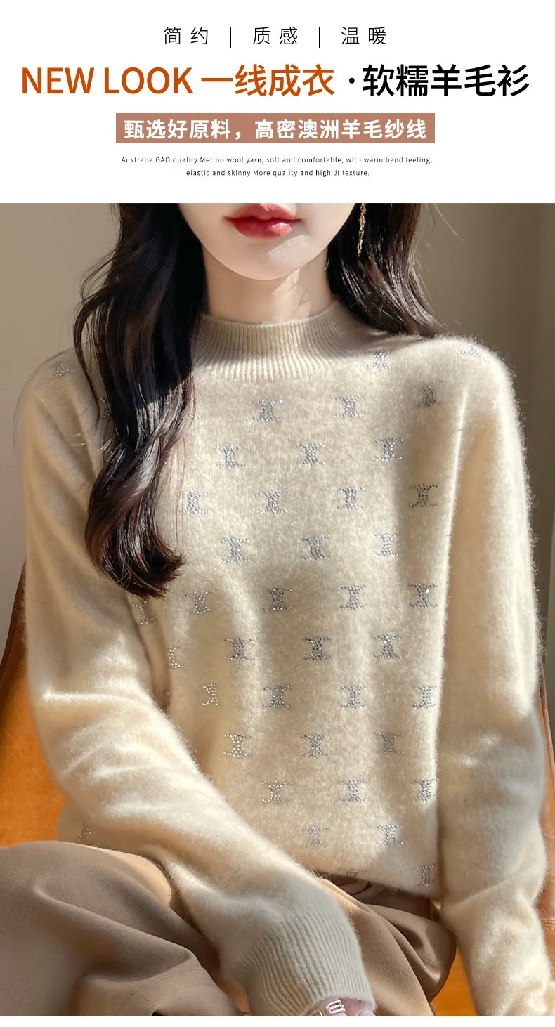Women Fine Wool Thickening Sweater Half-high Collar Leaf studded With Diamonds Pullover Female Knitted Basis Tops Autumn Winter Dsers
