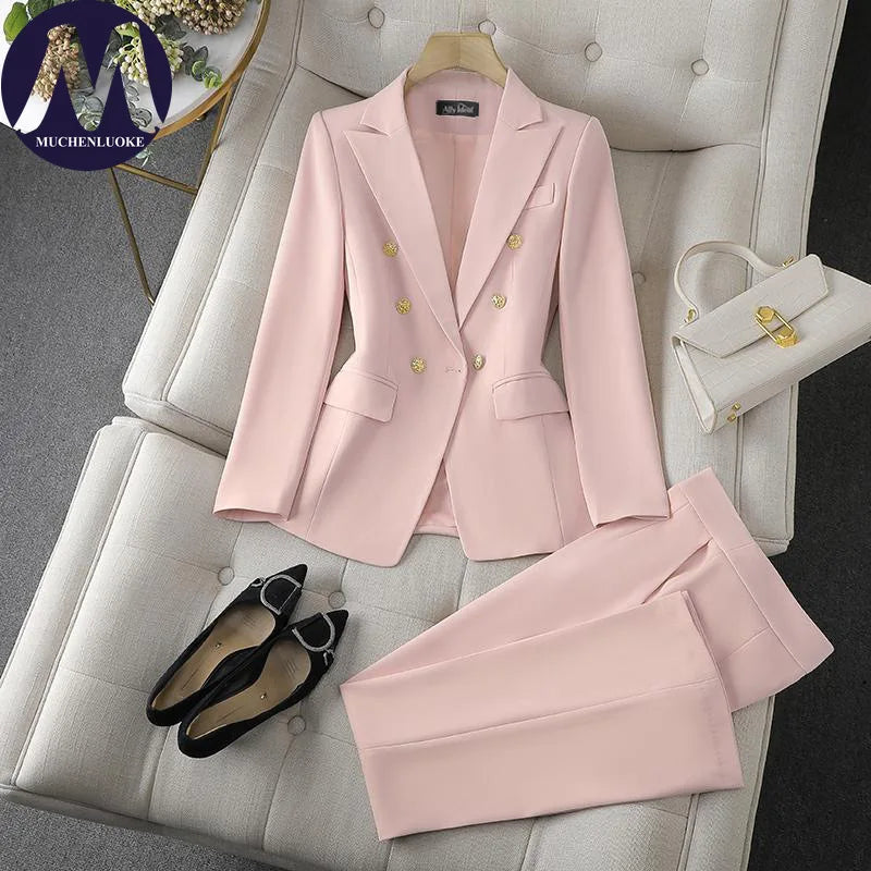Women's Double-Breasted Blazer and Wide-Leg Pants Set