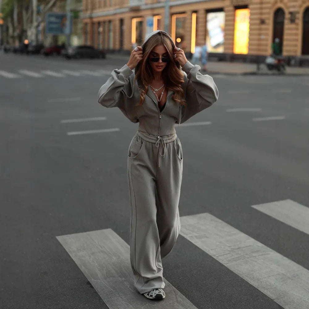 Women's Zip-Up Hooded Jacket and Wide-Leg Pants Set