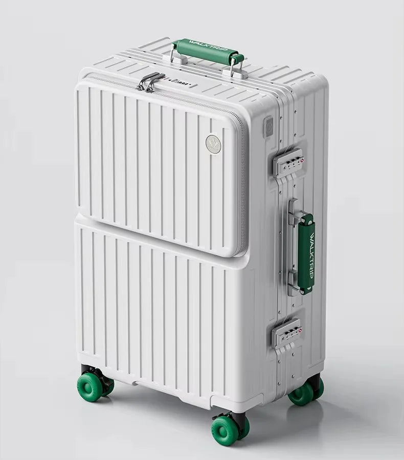 Front Opening Suitcase PC Material with Aluminum Frame TSA Lock Cup Holder Charging Port Colorful Wheels Travel Rolling Luggage Whispering Desires Shoppe