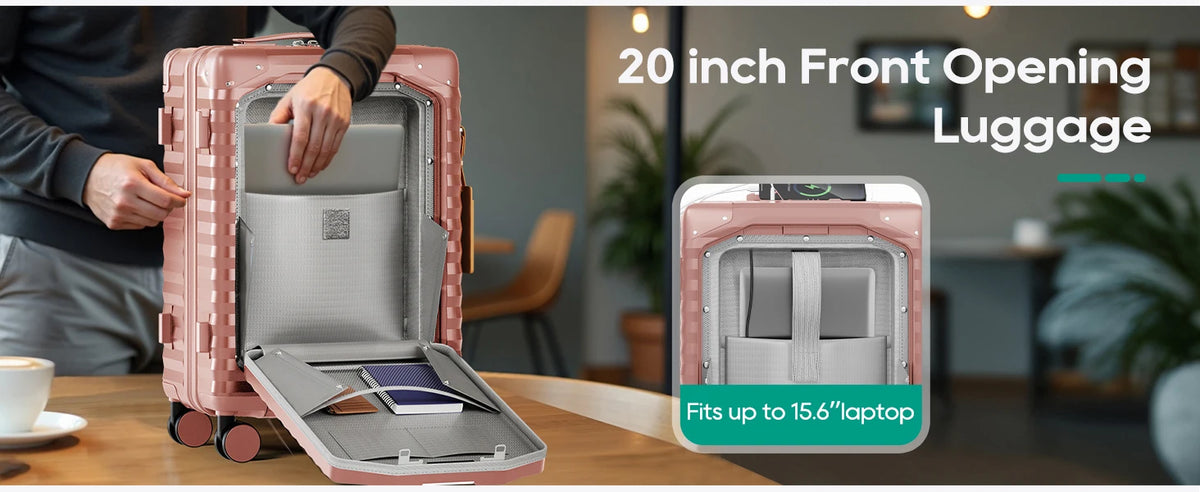 20 inch Front-opening Carry-on Luggage Suitcase with Cup Holder, TSA Lock, Spinner Wheels Whispering Desires Shoppe