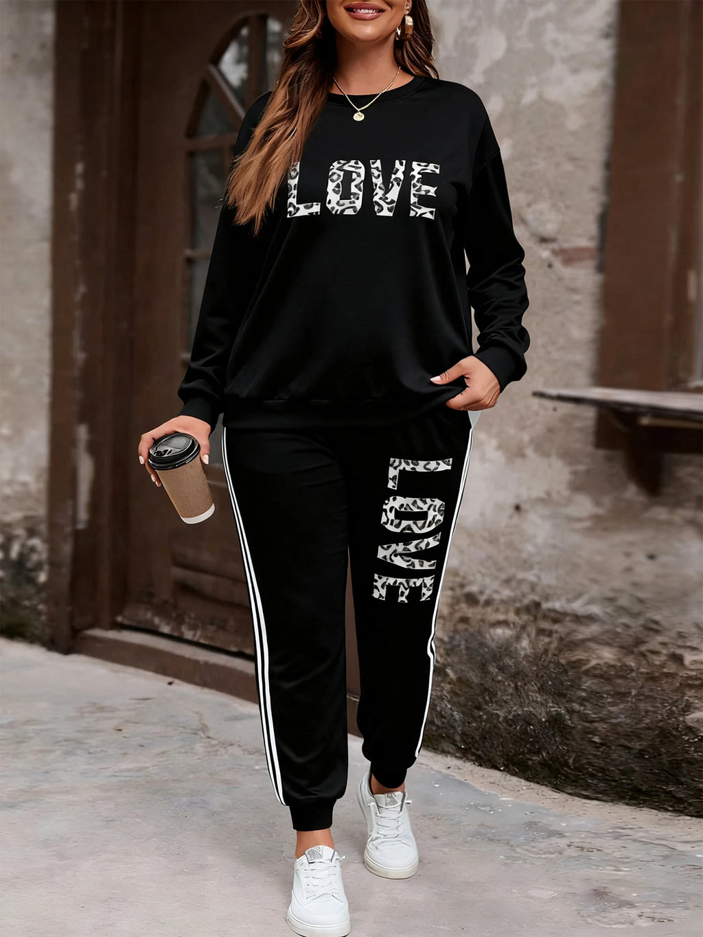 Women's Leopard LOVE Sweatshirt and Pants Set — Plus Sizes
