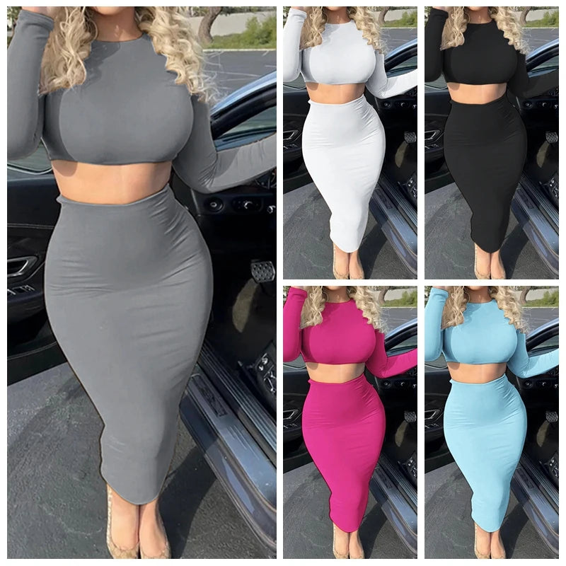 Long-Sleeve Crop Top & Mid-Calf Skirt Set