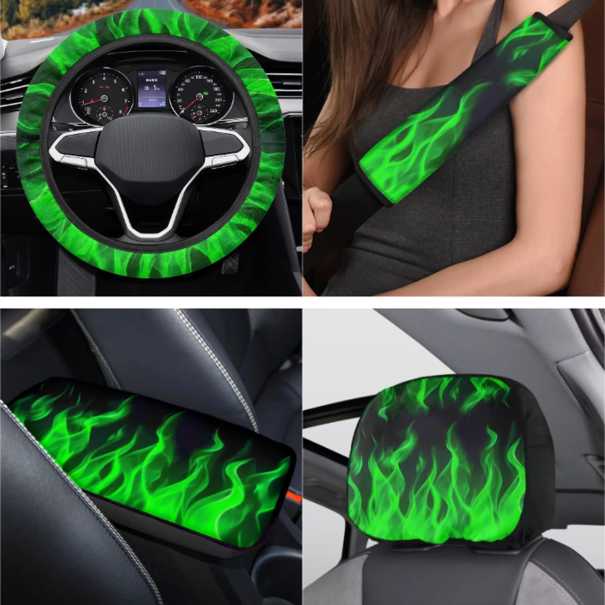 Coloranimal Green Flame Car Interior Accessory Set – 14 Pieces