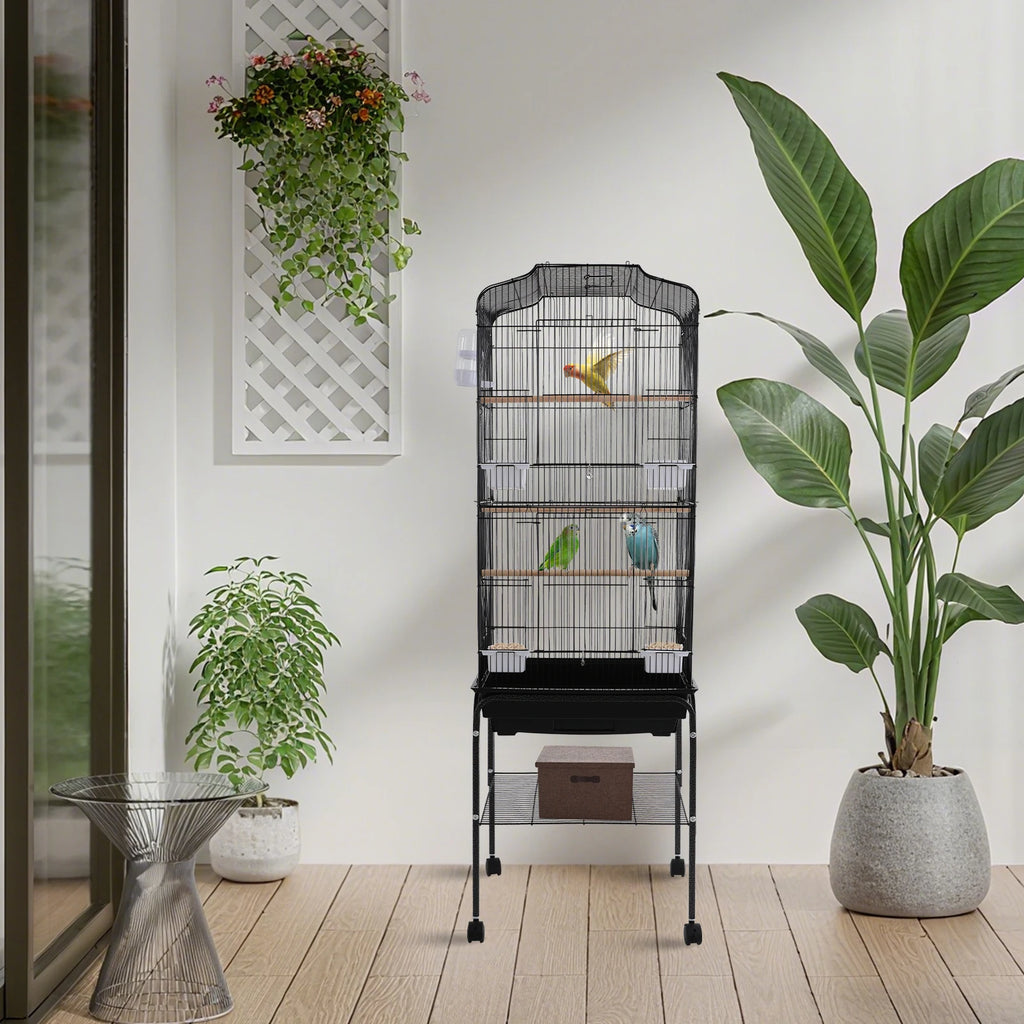Bird Cage with Rolling Stand & Feeding Bowls