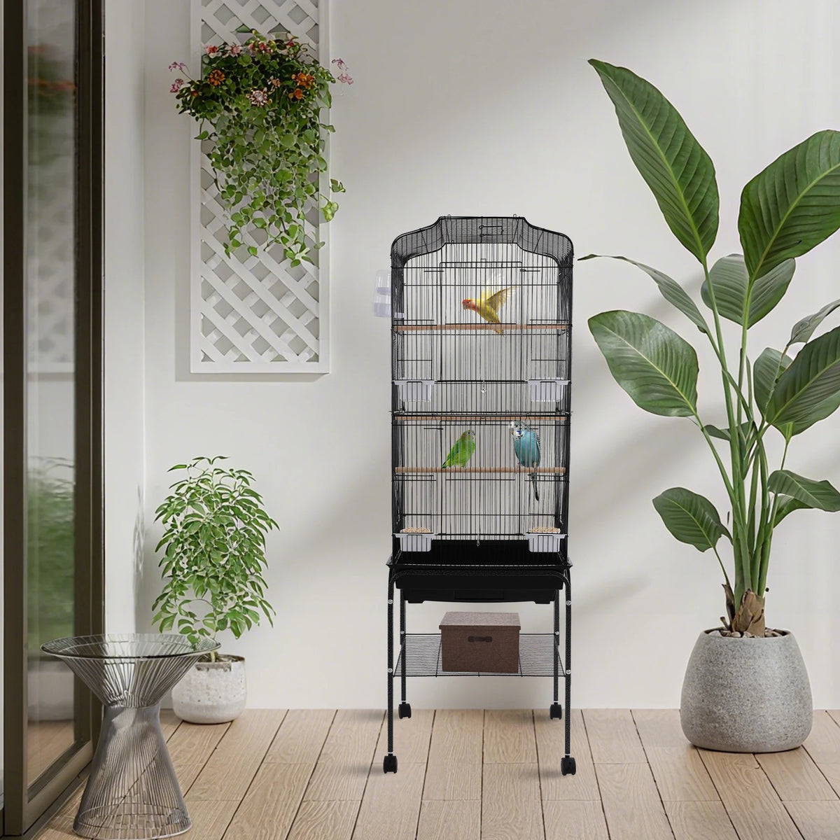 Bird Cage with Rolling Stand & Feeding Bowls