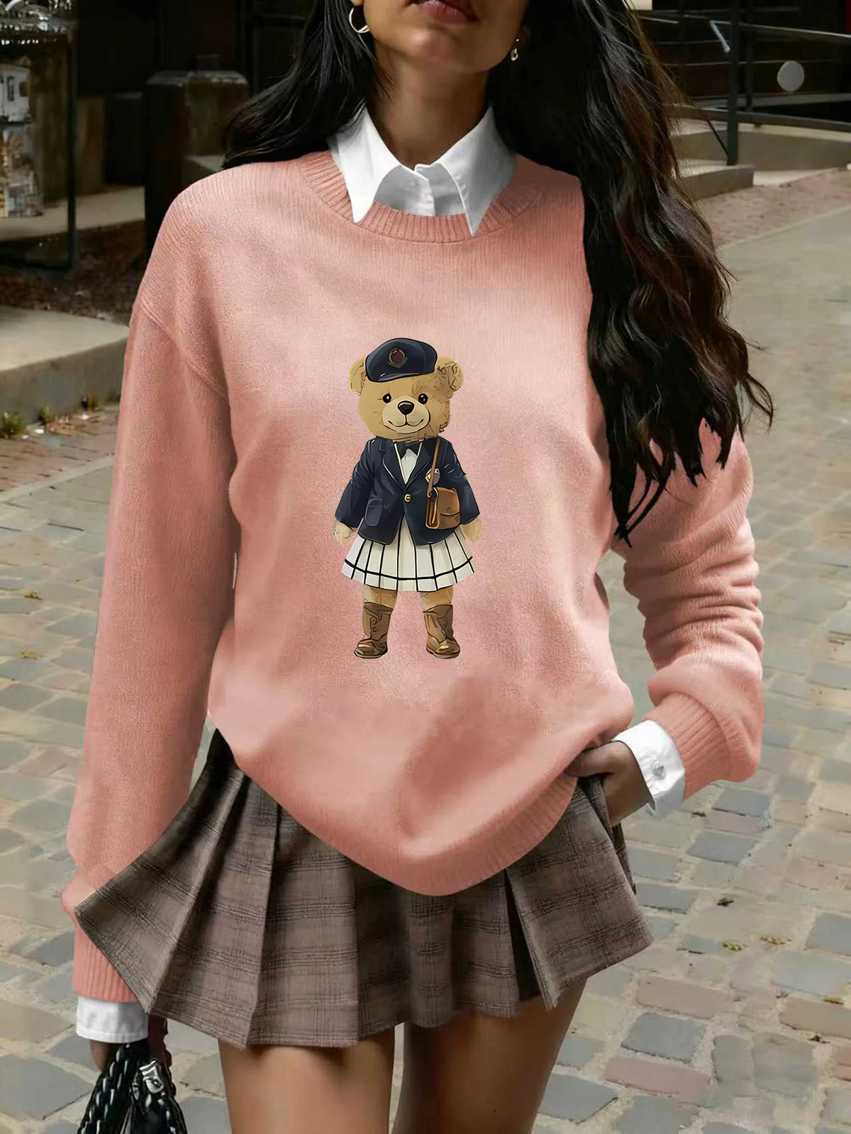 Women's Preppy Teddy Bear Print Sweater, Crew Neck Knit Pullover for Fall Winter (Only the Top Is Sold Separately) Dsers