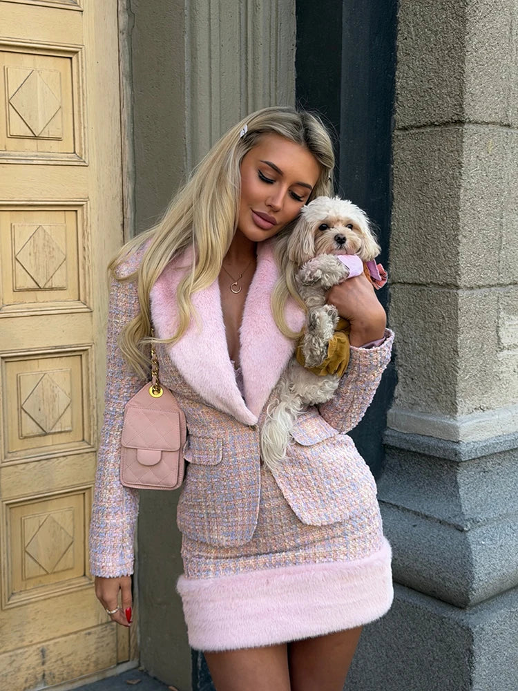 Women's Faux-Fur-Trim Blazer and Mini Skirt Set