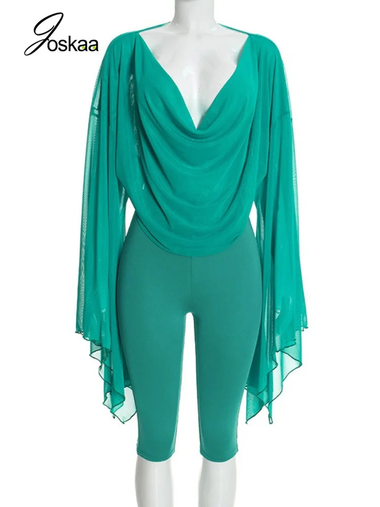 Women's Draped V-Neck Crop Top and Capri Set
