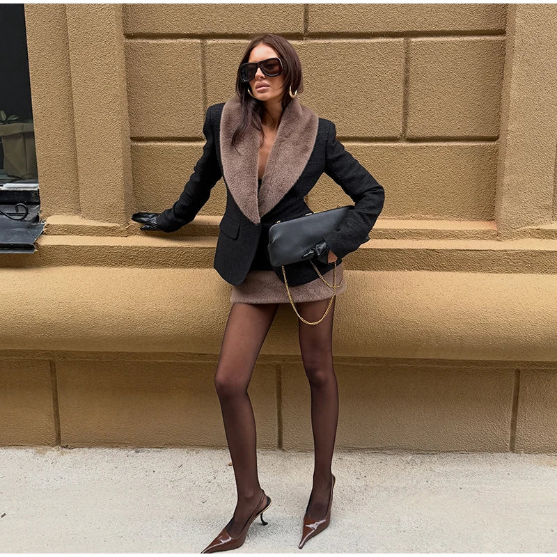Women's Faux-Fur-Trim Blazer and Mini Skirt Set
