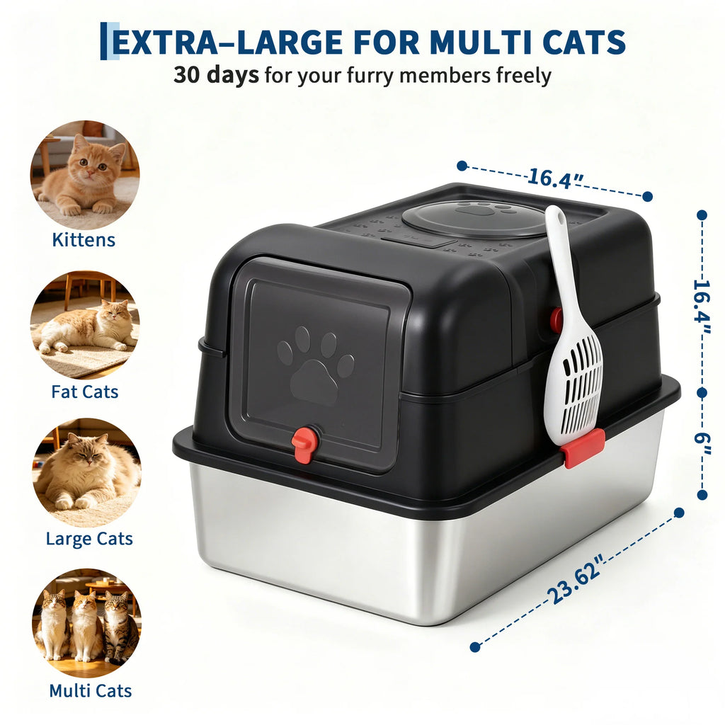 Enclosed Stainless Steel Cat Litter Box with Scoop