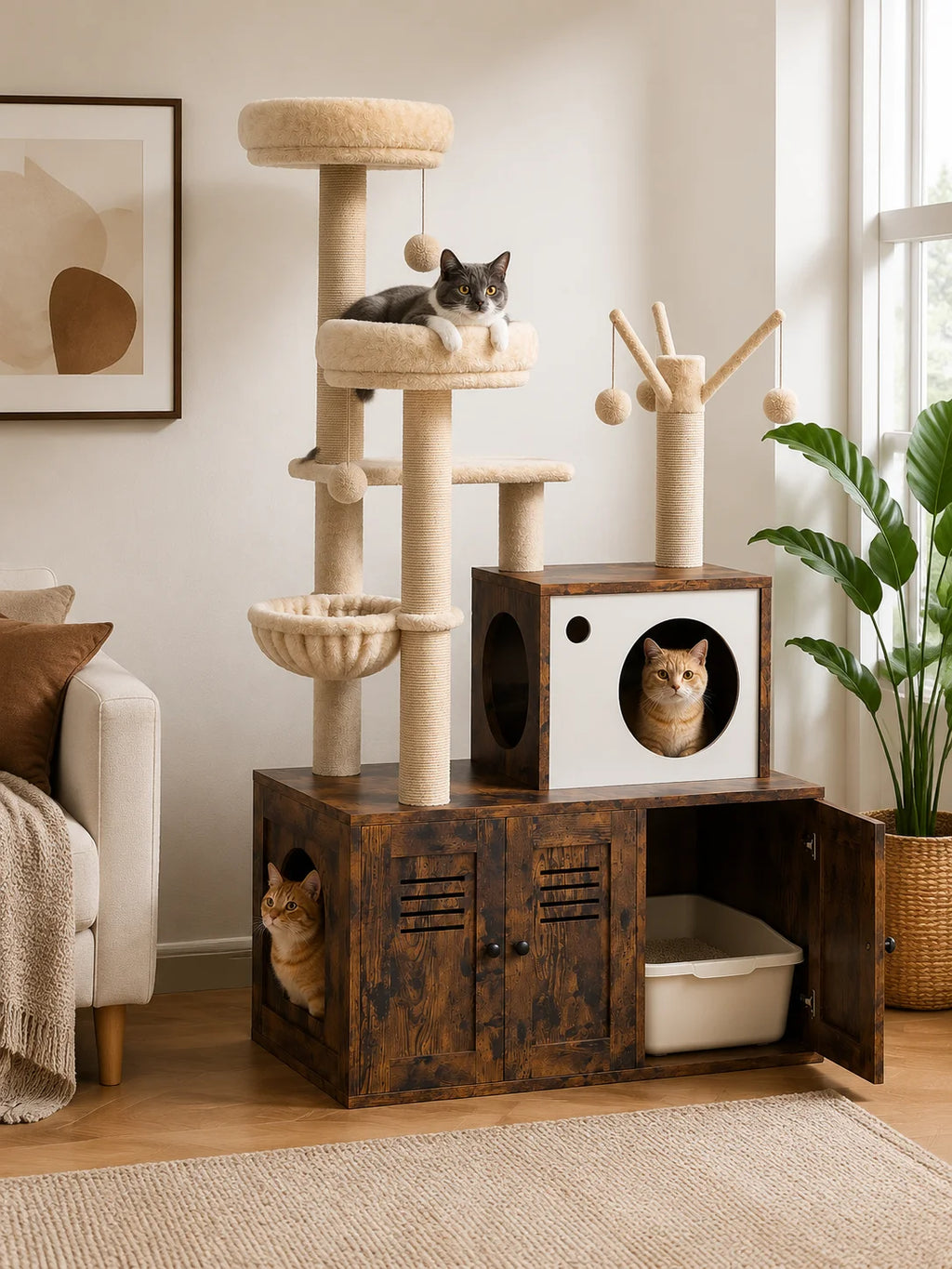 Cat Tower with Litter Box Enclosure, 2-in-1 Modern Cat Tree, 55.1-Inch Cat Condo with Scratching Posts, Hidden Litter Cabinet, Hammock & Perches, Engineered Wood, Indoor Use Whispering Desires Shoppe