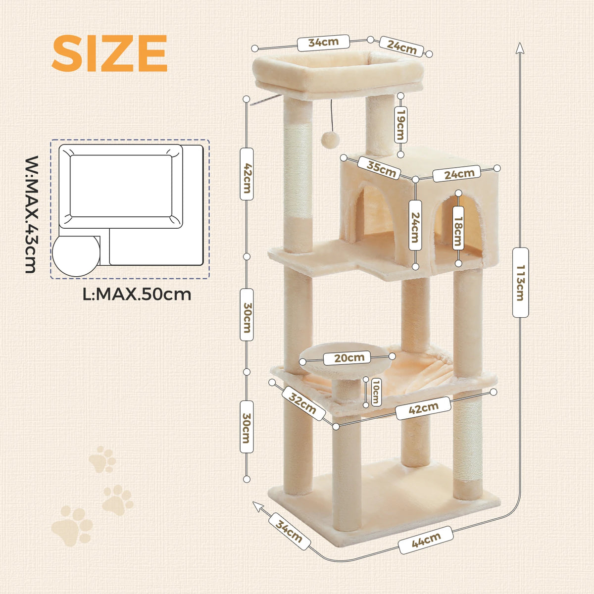 113cm Five-Level Cat Tree with Hammock & Condo