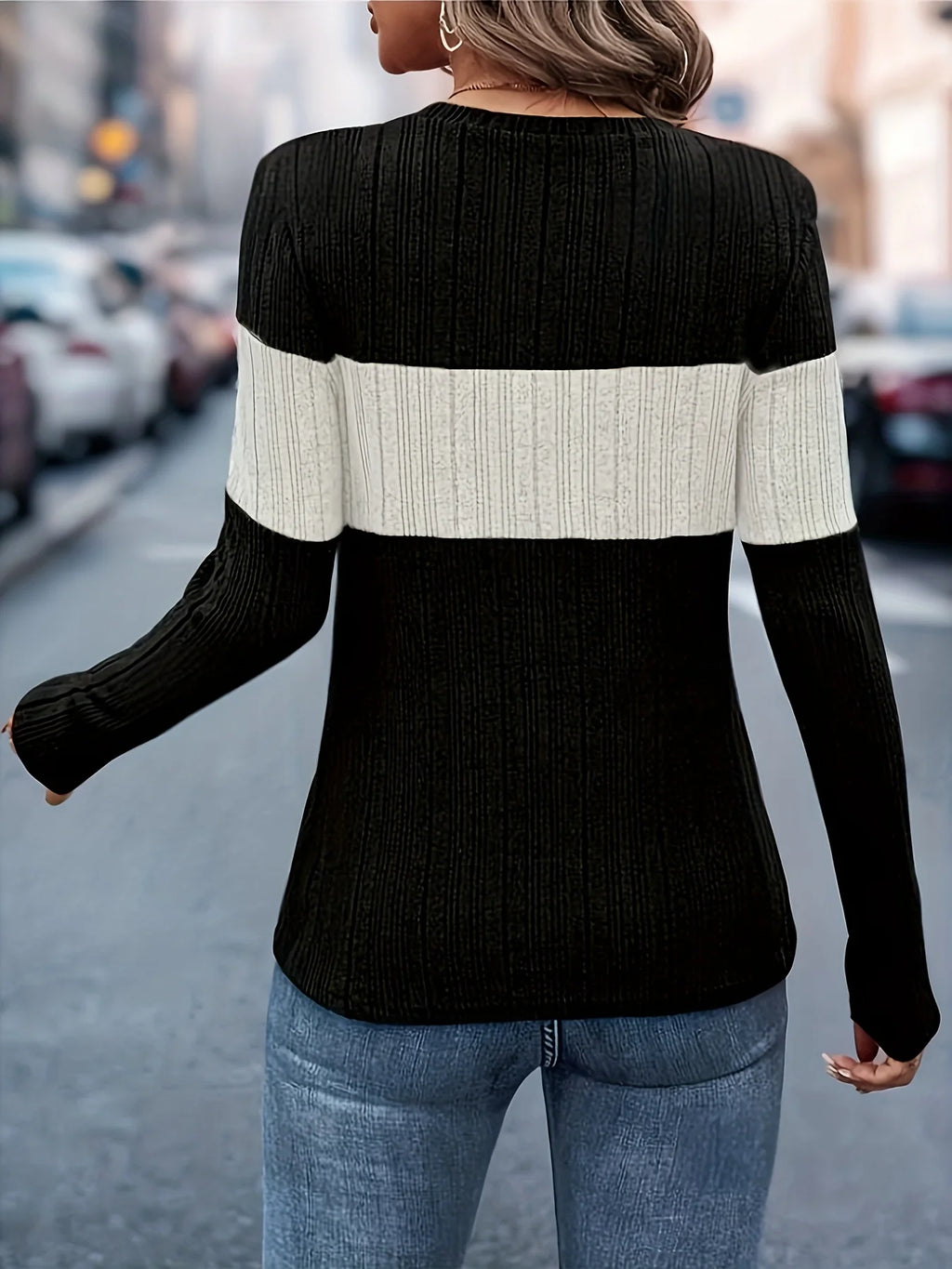 Contrast-Color Long-Sleeve Knit Top