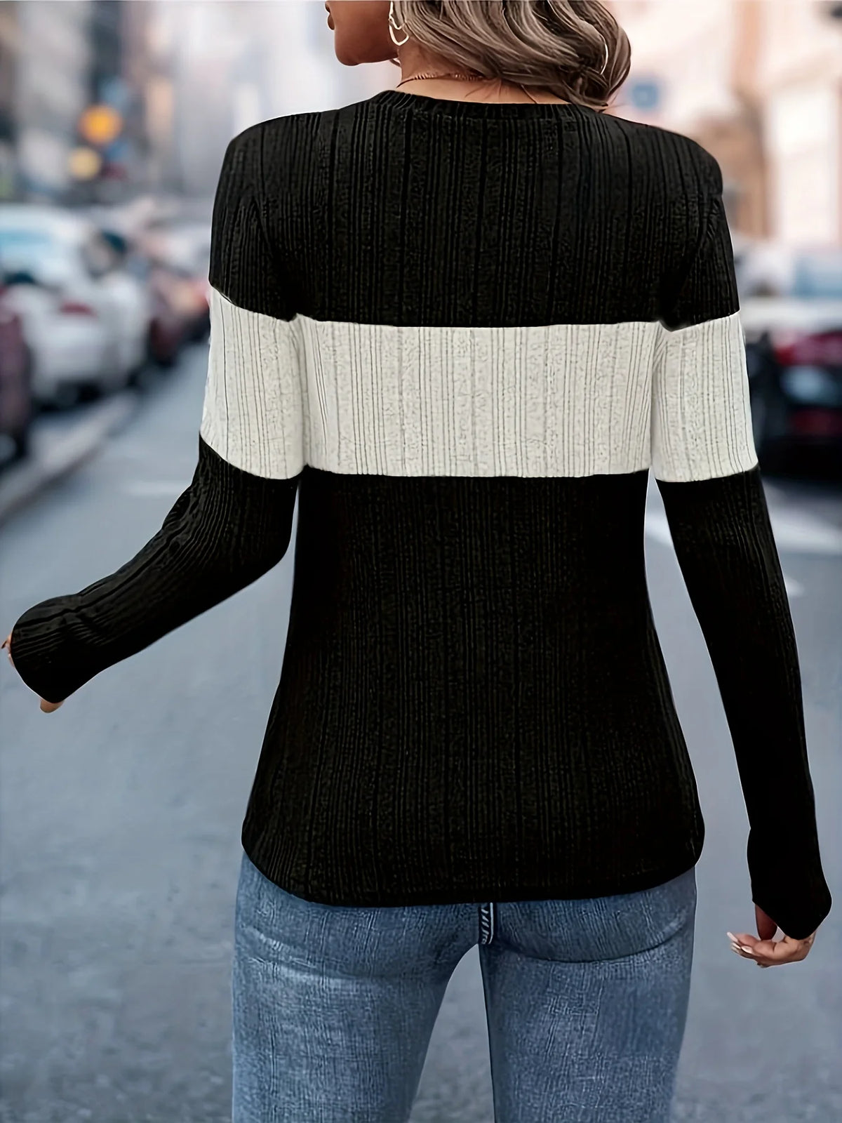 Contrast-Color Long-Sleeve Knit Top